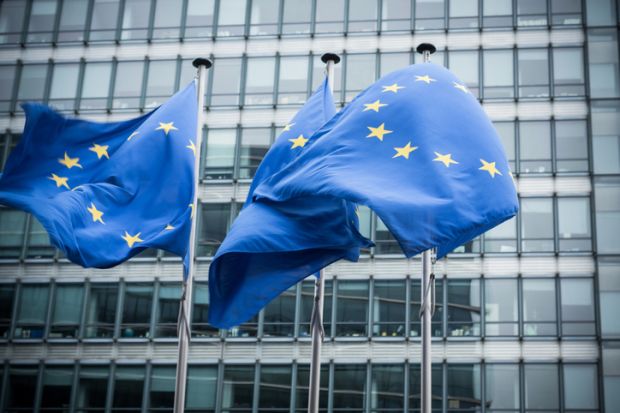 European flags in front of the European Commission headquarters in Brussels, Belgium