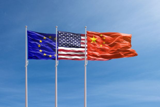 EU, US and China flags against the blue sky