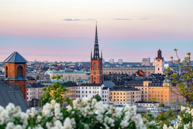 Stockholm cityscape, with a church spire in the centre