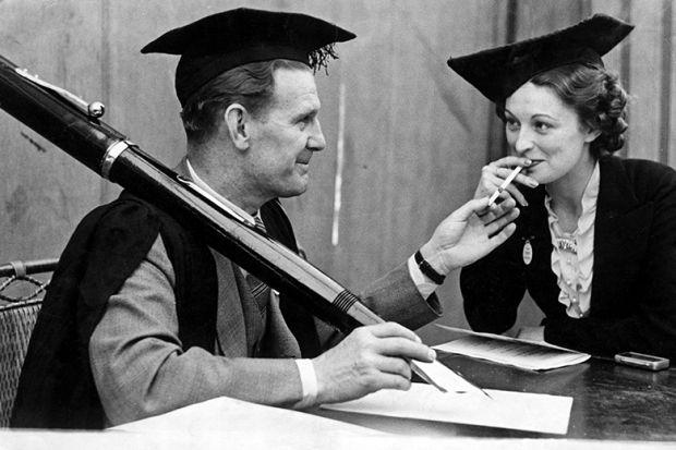 Actor Will Hay with an outsize pen, 1937. To illustrate that supervisors claiming co-authorship of PhD papers can be a ‘form of fraud’.