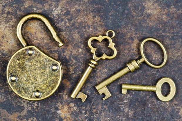 Golden keys to an open gold padlock, symbolising gold open access
