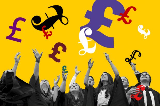 Graduates reaching to catch various pound sterling symbols. To illustrate the wide variety in earnings outcomes for graduates, and graduate earnings surveys have highlighted that existing figures are an uncertain measure of a degree’s value.