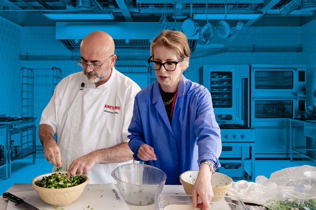 Montage of Rachel Gibson, reader in nutrition and dietetics at King’s College London, and Graeme Collie, associate director of catering and events, with a professional kitchen in the background. Montage of Rachel Gibson, reader in nutrition and dietetics at King’s College London, and Graeme Collie, associate director of catering and events, with a professional kitchen in the background.
