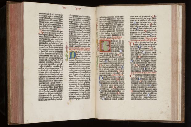 A copy of the Gutenberg Bible on display at the Cambridge University Library