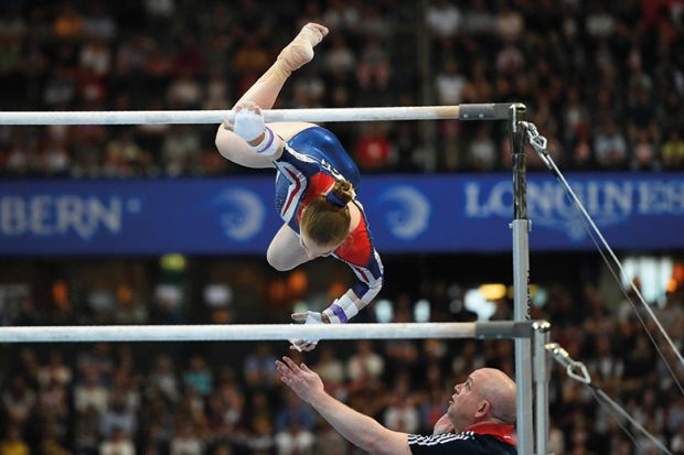 Gymnastics. Gabrielle Jupp falls during the Womens Uneven Bars competition