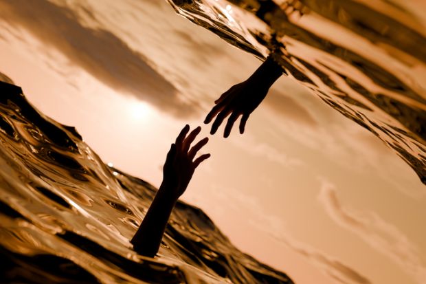 Two hands reach out of the water to each other, symbolising mutual support Two hands reach out of the water to each other, symbolising mutual support