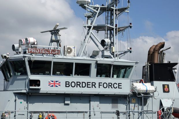Her Majesty's Customs Border Force protection cutter Protector. Moored alongside quay. View of bridge and aerials No People. United Kingdom border patrol