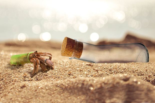 A hermit crab unable to move in to a stoppered scientific flask. To illustrate that despite merit many early-career researchers are unable to grow within their careers.