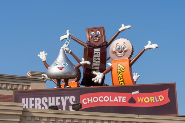 Hershey, Pennsylvania- October 15, 2021 Hershey Candy Characters Greet Visitors at Hershey's Chocolate World Entrance
