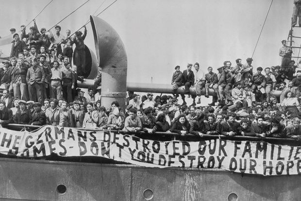 Jewish refugees aboard the Theodor Herzl protesting against their deportation to Cyprus