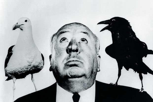 Alfred Hitchcock with seagull and crow on his shoulders