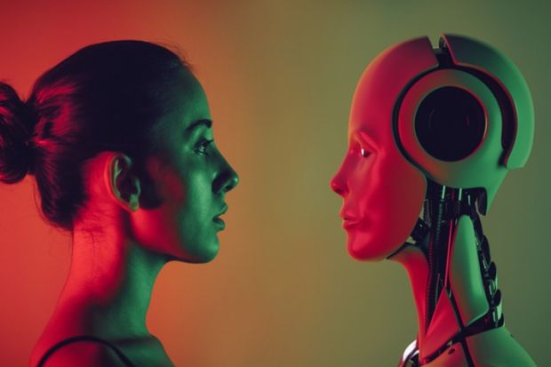 A human face to face with a robot, illustrating the question of whether AI can be a peer reviewer