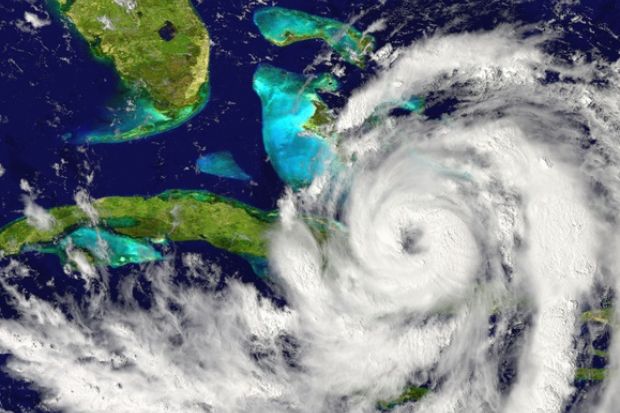 A hurricane seen from a satellite, approaching Cuba