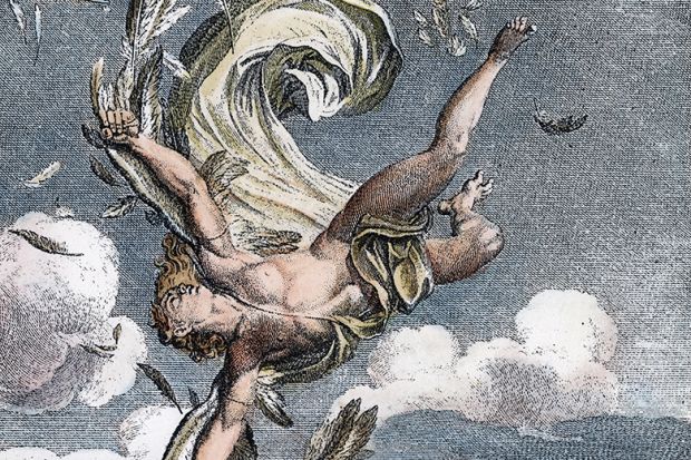 Detail from 'Fall of Icarus' copper engraving, 1731, by Bernard Picart