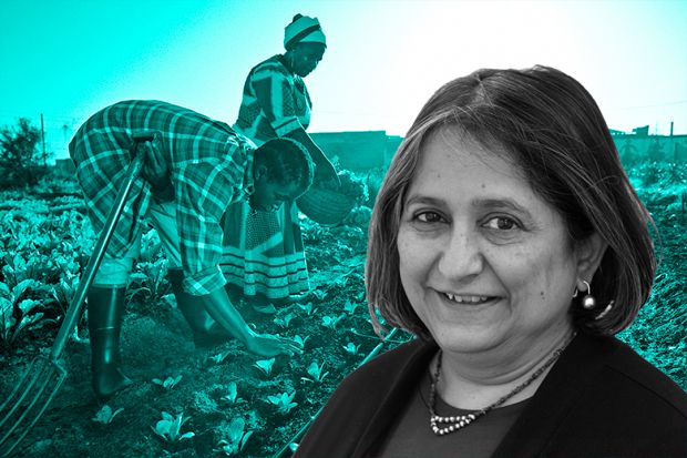 Director of Institute of Development Studies, Anuradha Joshi, with a background of African women tending a garden.