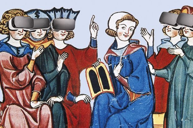 Illustration of medieval figures wearing VR headsets