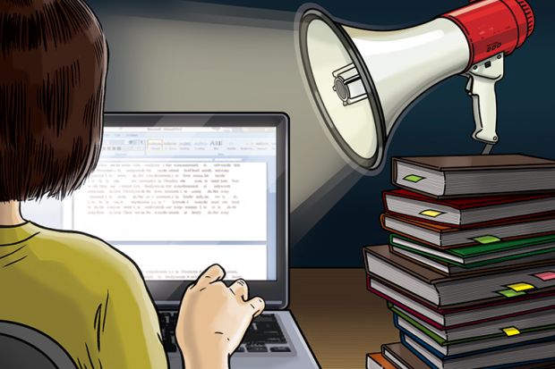 An illustration of a woman typing on a laptop with a pile of books beside her