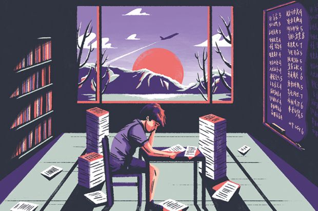 Illustration of a Chinese student surrounded by papers Illustration of a Chinese student surrounded by papers