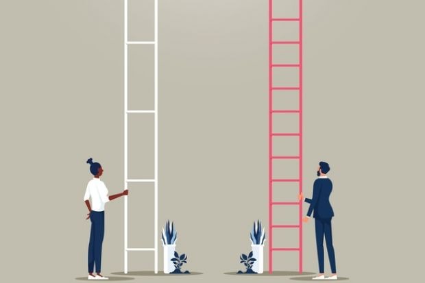 A black woman at the bottom of a ladder with highly spaced rungs, symbolising inequality