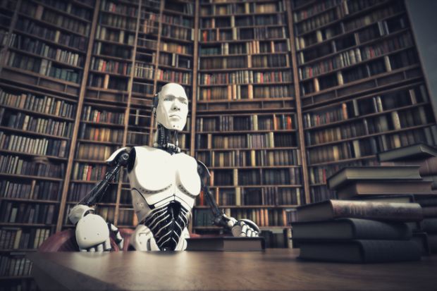 An intimidating robot sits in a library, illustrating loss of human intellectual confidence An intimidating robot sits in a library, illustrating loss of human intellectual confidence