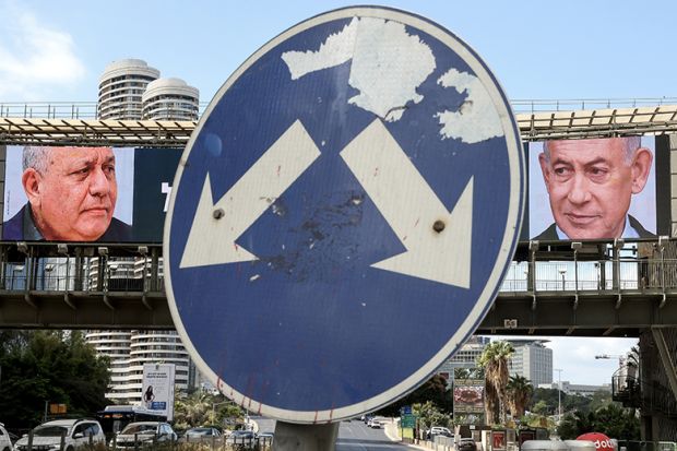 A road sign stands in front of a large billboard featuring Israel’s prime minister Benjamin Netanyahu (R) of the Likud party and former military chief and leader of the centrist Yashar party, Gadi Eisenkot, in Ramat Gan, Israel on 20 October 2026. A road sign stands in front of a large billboard featuring Israel’s prime minister Benjamin Netanyahu (R) of the Likud party and former military chief and leader of the centrist Yashar party, Gadi Eisenkot, in Ramat Gan, Israel on 20 October 2026.