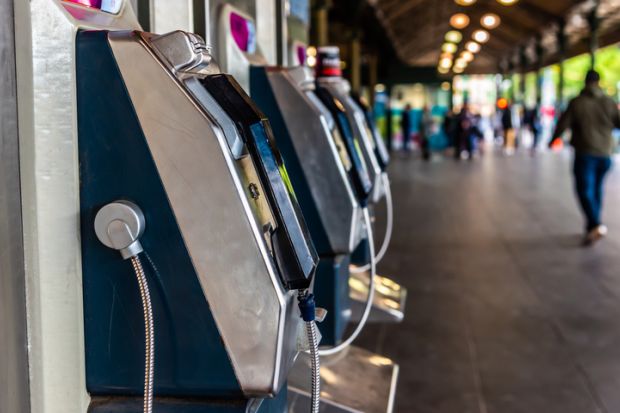 Telephones for public use outside the Flinders Street Train Station in Melbourne Australia