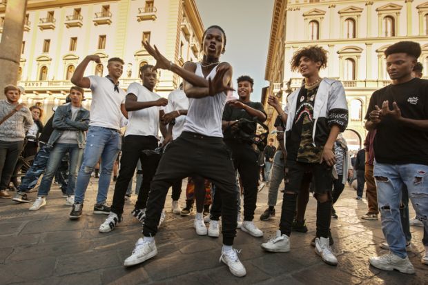 Young black men dancing Dancers illustrating hip hop influence of architecture, Hip-Hop Architecture by Sekou Cooke