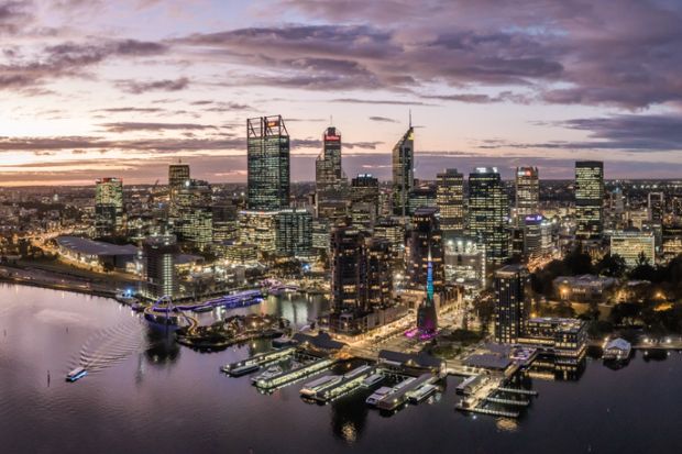 Aerial high angle drone view of Perth's CBD skyline with Elizabeth Quay in the foreground