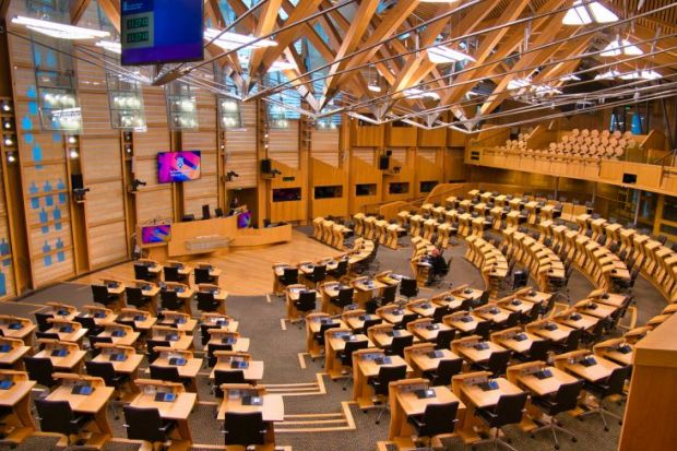 The debating chamber in the Scottish Parliament Building at Holyrood, Edinburgh, Scotland