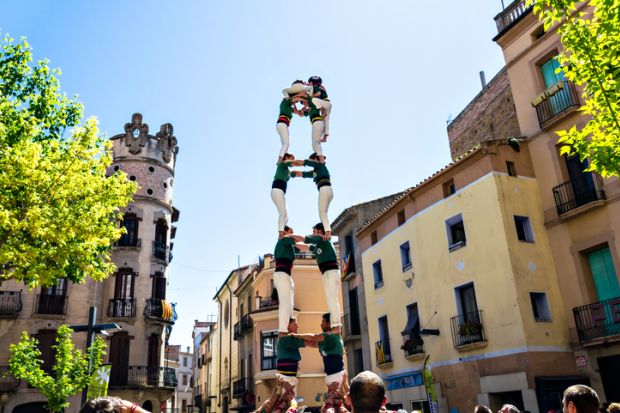Igualada, Barcelona; April 28, 2019: Castelleras Days of Barcelona. 24th anniversary of the group Moixiganguers de Igualada, Castellers de Sant Cugat