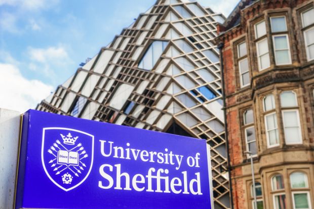 Close up of a sign for the University of Sheffield, with The Diamond building,