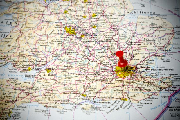 Road map of United Kingdom, close up on London