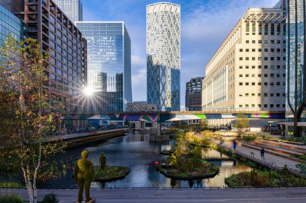 Morning sunrise view of the inner Dock of Canary Wharf in London