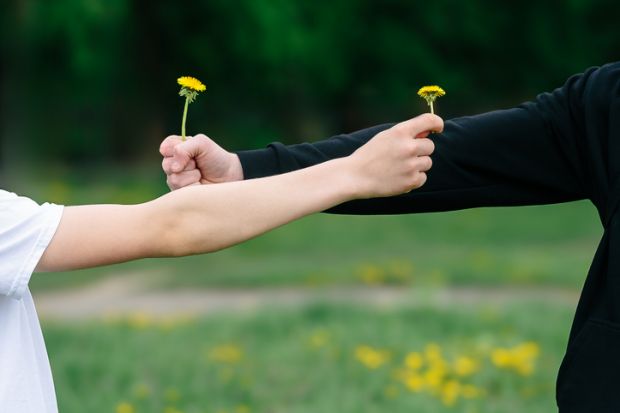 Two people exchanging dandelion flowers outdoors
