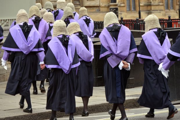 British judges in traditional 'full bottomed' wigs and robes process in London at the start of the legal year