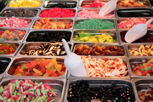 Pick and mix sweets displayed in a stall