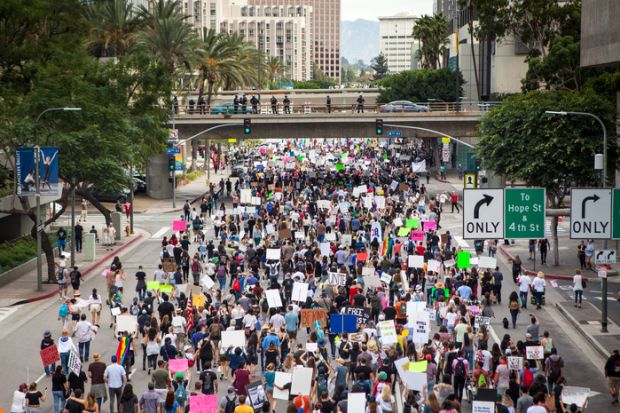  Thousands of Angelenos marched through the streets of Downtown Los Angeles in protest of president-elect Donald Trump.