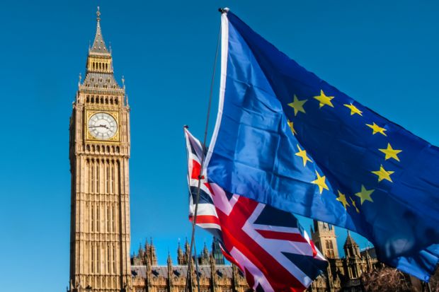 European Union and UK flags in front of Big Ben, Brexit EU European Union and UK flags in front of Big Ben, Brexit EU