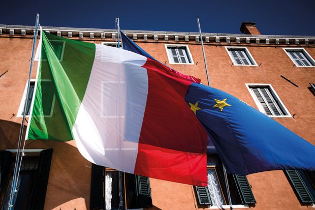 Italian flag flying in front of European Union flag, to suggest how Italy’s discrimination against foreign lecturers defies European law and justice
