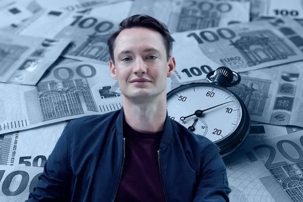 Jano Costard, head of challenges at the Federal Agency for Disruptive Innovation (Sprind), with Euros and stopwatch in background illustrating a rapid turnaround of grants. Jano Costard, head of challenges at the Federal Agency for Disruptive Innovation (Sprind), with Euros and stopwatch in background illustrating a rapid turnaround of grants.