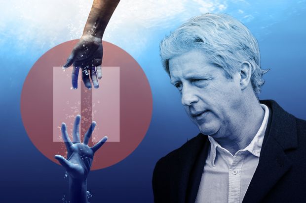 Montage of Jo Johnson with a pause symbol over hand reaching to rescue drowning person. To illustrate Johnson's fear that the OfS register pause will block university mergers and could worsen the sector’s financial woes