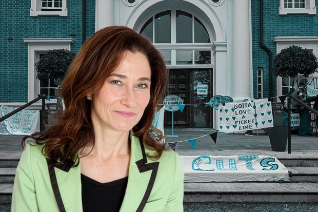 Montage of Joanna Newman, vice-chancellor at Goldsmiths, University of London, with banners from the ongoing strike at Goldsmiths. Montage of Joanna Newman, vice-chancellor at Goldsmiths, University of London, with banners from the ongoing strike at Goldsmiths.