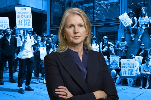 Joanne Cash, Conservative shadow education minister, with university staff protesters in the background holding placards that state "universities in crisis". Joanne Cash, Conservative shadow education minister, with university staff protesters in the background holding placards that state "universities in crisis".