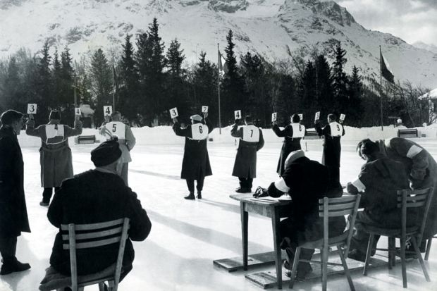 Judges holding score cards, St Moritz Winter Olympics