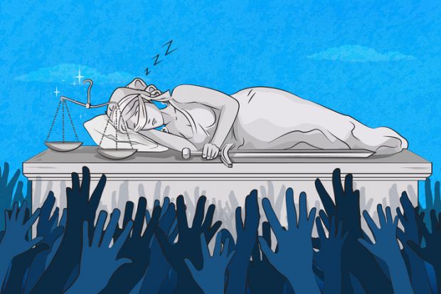 Lady Justice sleeps, signifying lazy peer review