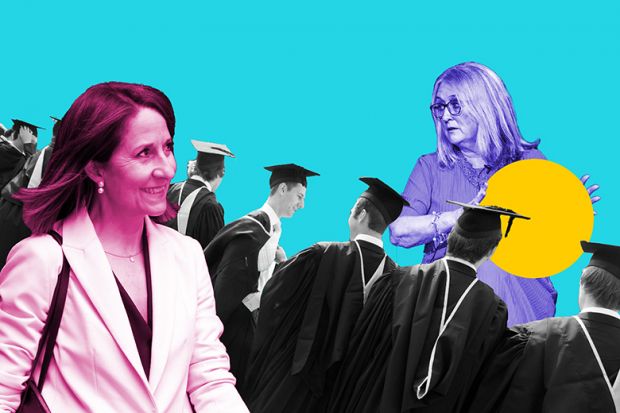 Liz Kendall (left) and Jacqui Smith (right) with graduates in between them. To illustrate universities being left as ‘piggy in the middle’ after skills reshuffle.