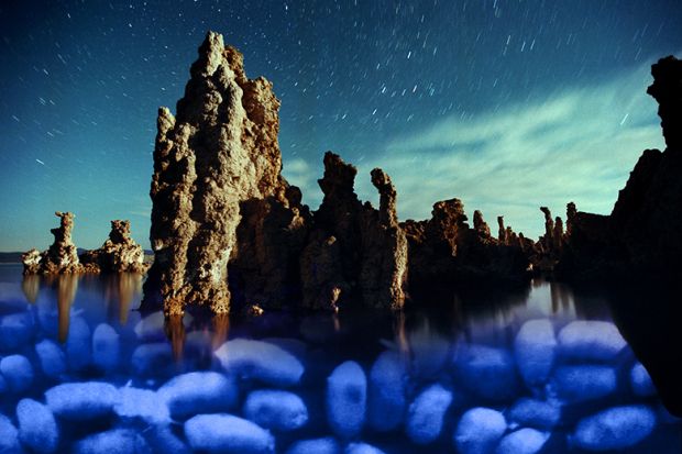 Tufa formations of Mono Lake, California with added bacteria, called GFAJ-1, which Nasa announced that a team of biologists had discovered can use toxic arsenic to reproduce and grow.