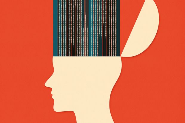 Illustration of flip-top head with data streaming out the top Illustration of flip-top head with data streaming out the top, illustrating artificial intelligence impact on higher education