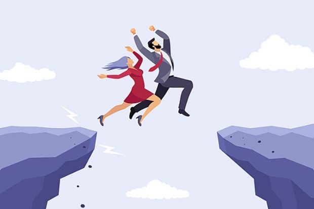 Two people leap across a chasm, symbolising the jump from TPS to USS