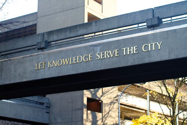 Let Knowledge Serve the City sign, Portland State University